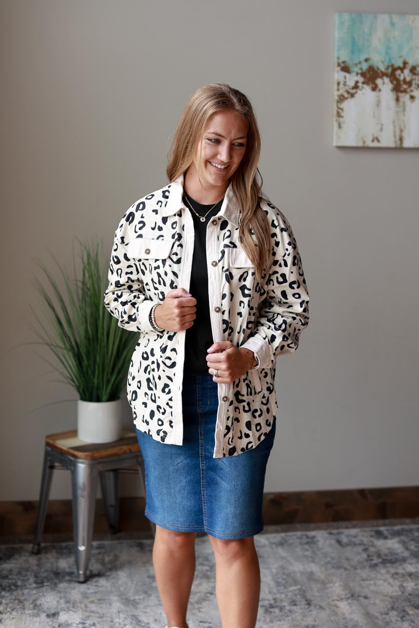 White Leopard Corduroy Button Up Top is the perfect way to spice up any outfit. This ivory cream shacket features a unique animal print, making it both striking and versatile. at Classy Closet Online Women's Boutique for Modest Fashion Near Me