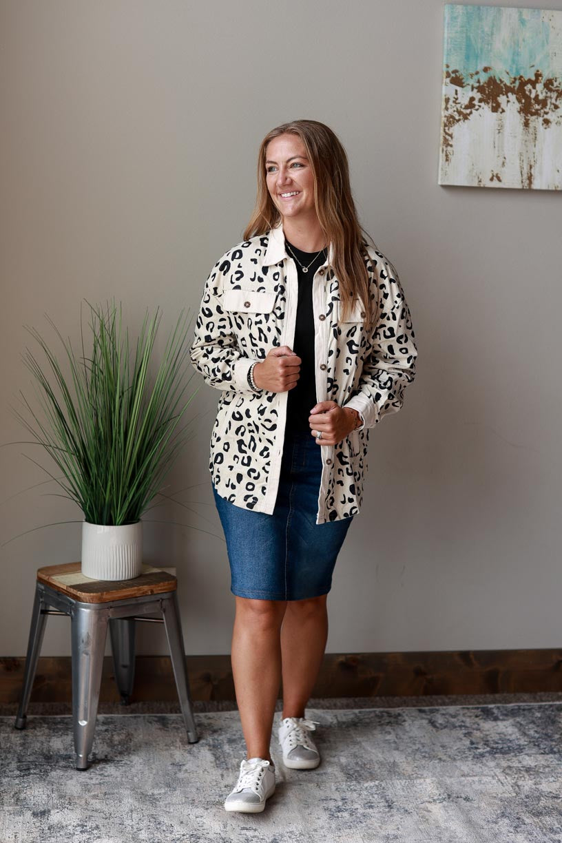 White Leopard Corduroy Button Up Top is the perfect way to spice up any outfit. This ivory cream shacket features a unique animal print, making it both striking and versatile. at Classy Closet Online Women's Boutique for Modest Fashion Near Me