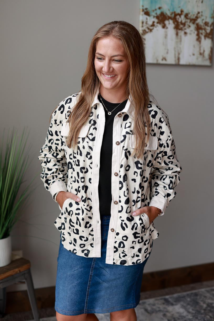 White Leopard Corduroy Button Up Top is the perfect way to spice up any outfit. This ivory cream shacket features a unique animal print, making it both striking and versatile. at Classy Closet Online Women's Boutique for Modest Fashion Near Me