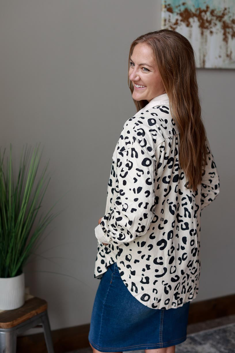 White Leopard Corduroy Button Up Top is the perfect way to spice up any outfit. This ivory cream shacket features a unique animal print, making it both striking and versatile. at Classy Closet Online Women's Boutique for Modest Fashion Near Me