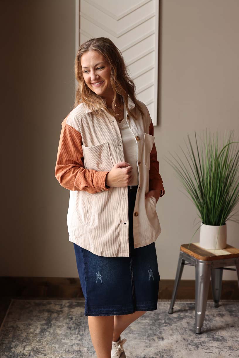 Update your winter wardrobe with our Neutral Colorblock Corduroy Shacket. This fun and trendy piece adds a pop of ivory to your closet, perfect for creating cute and casual outfits. Cute Spring Shacket for Womens at Classy CLoset Boutique
