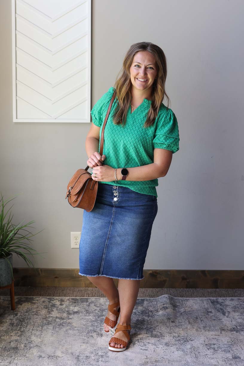 Green Textured Puff Sleeve Top