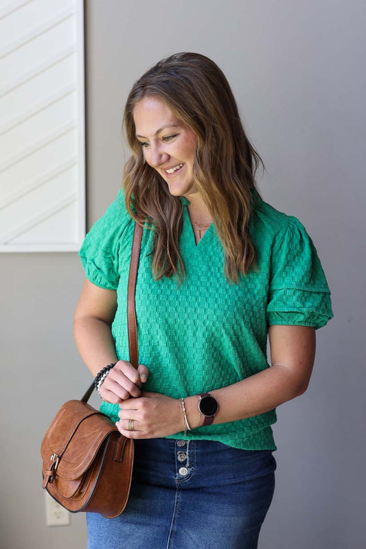 Green Textured Puff Sleeve Top