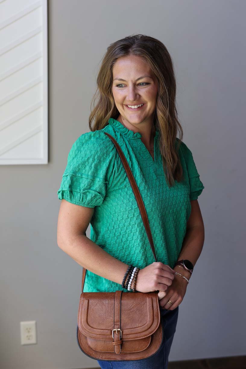 Green Textured Puff Sleeve Top