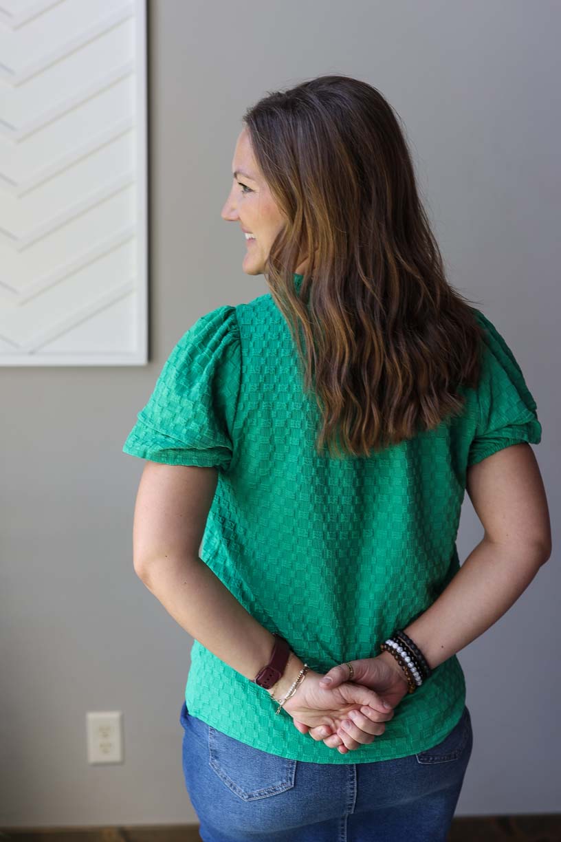 Green Textured Puff Sleeve Top