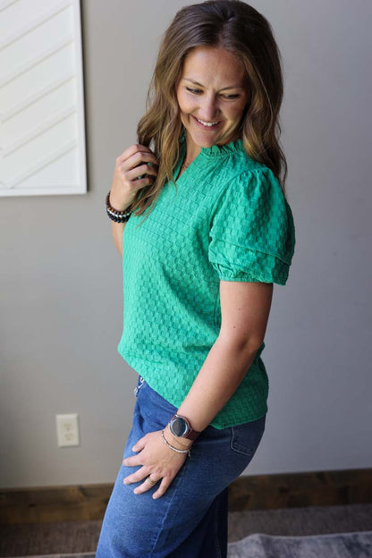 Green Textured Puff Sleeve Top