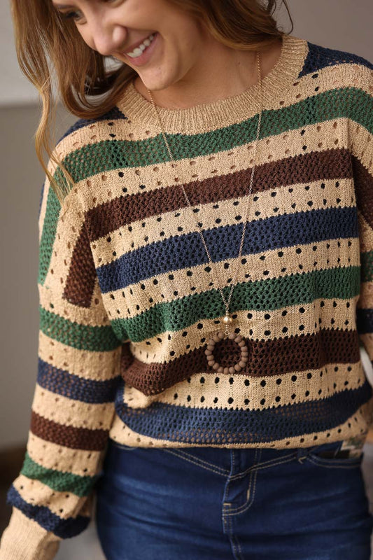 Khaki Green Blue Striped Sweater for Date Night, Thanksgiving Outfits at Classy Closet Online Women's Boutique for Modest Fashion