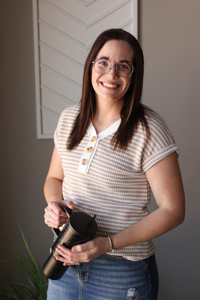Khaki Stripe Button V-Neck Top