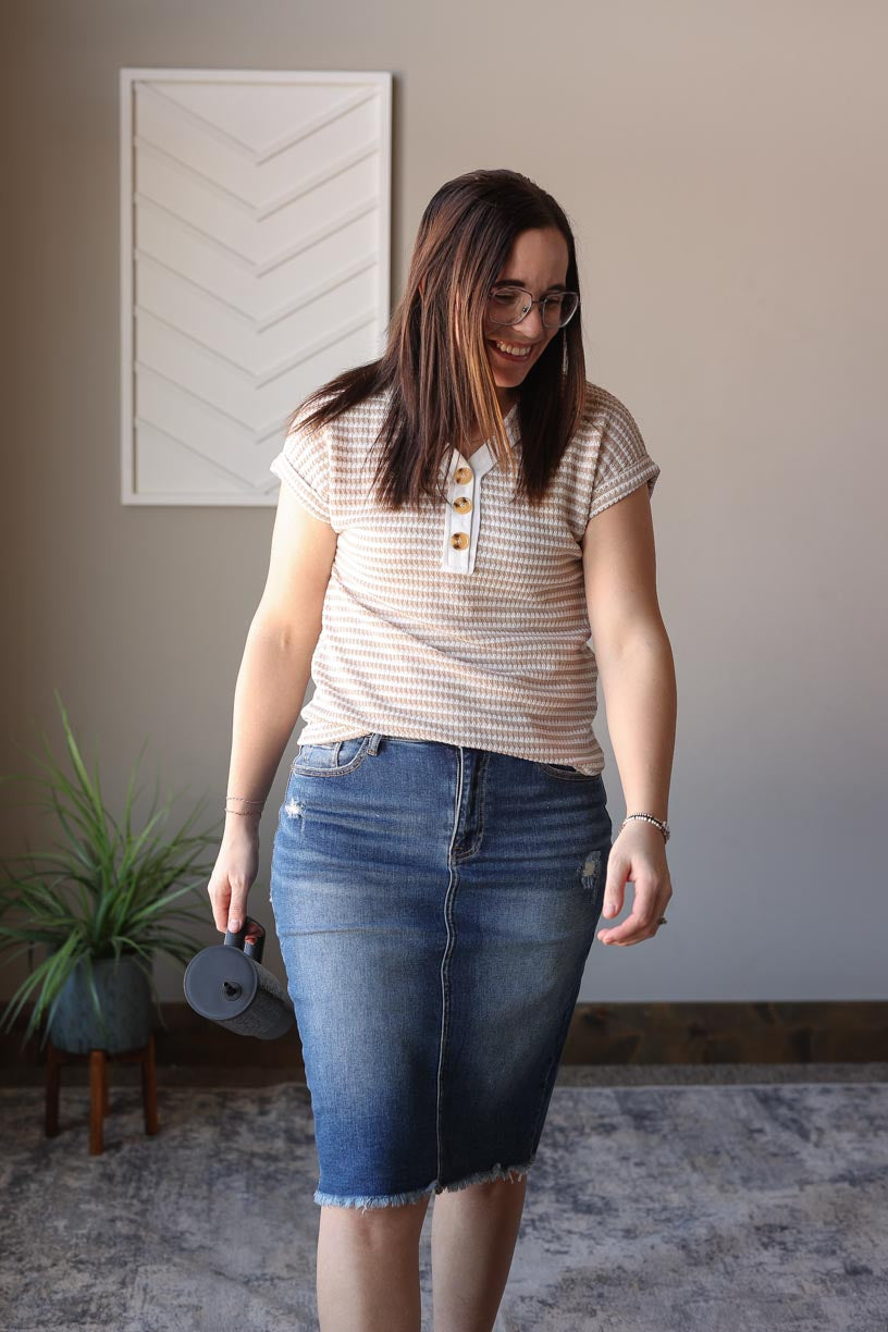 Khaki Stripe Button V-Neck Top