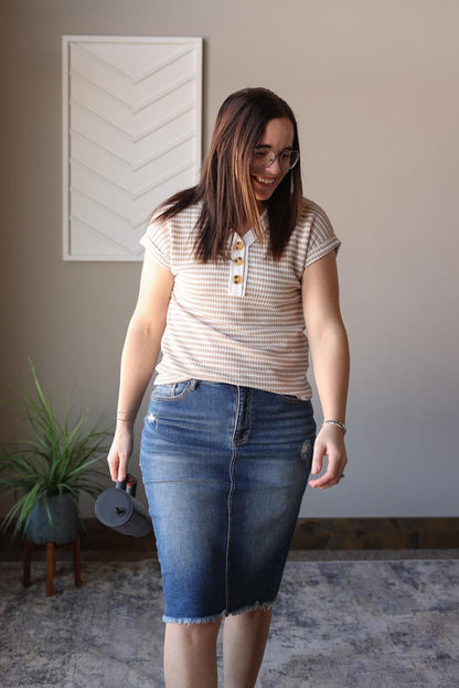 Khaki Stripe Button V-Neck Top