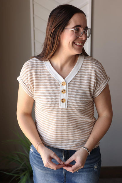 Khaki Stripe Button V-Neck Top