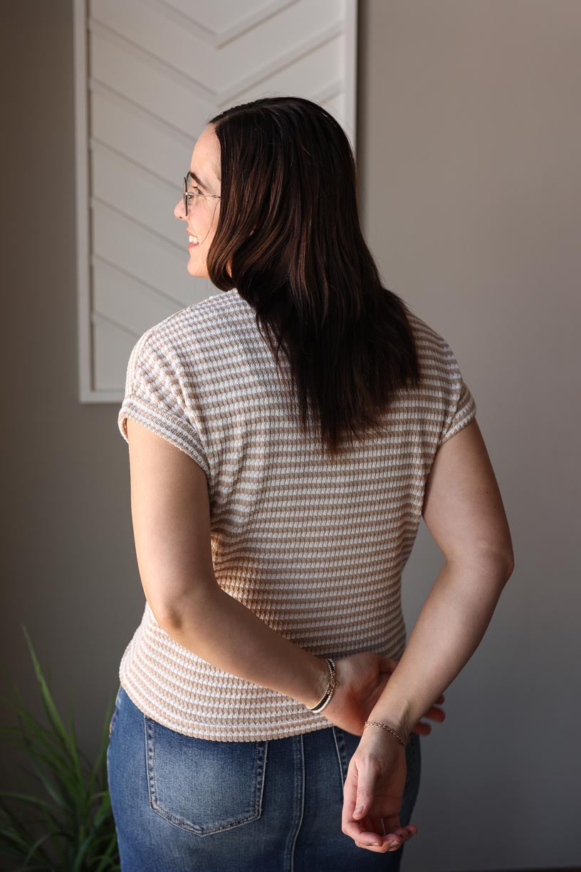 Khaki Stripe Button V-Neck Top