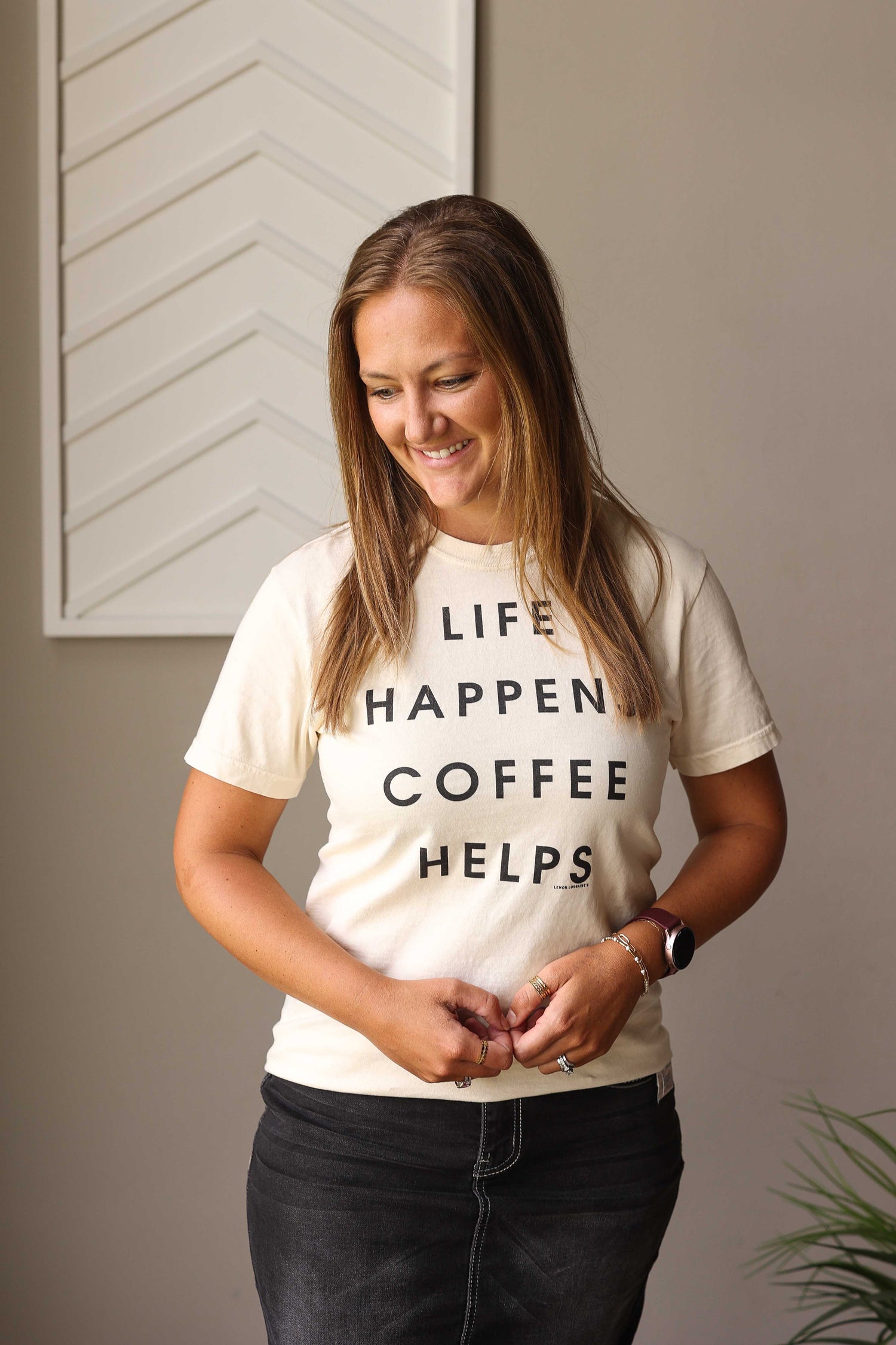 The “Life Happens, Coffee Helps” tee is the perfect comfy pick-me-up for every busy mom.