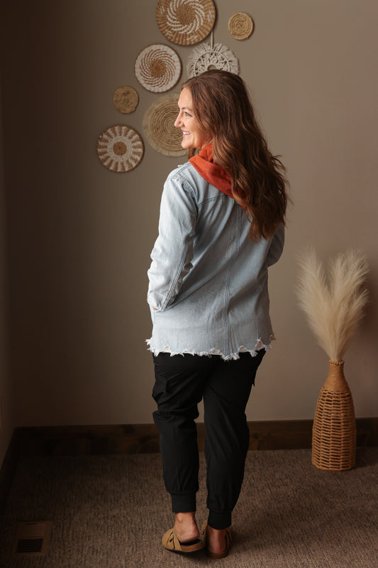 Sky blue fray hem denim shirt jacket styled for casual mom life