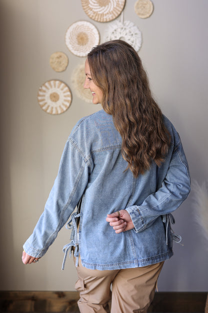 Multi Patch Pocket Side Tie Boyfriend Denim Jacket; S-2XL PLUS