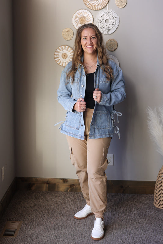 Multi Patch Pocket Side Tie Boyfriend Denim Jacket; S-2XL PLUS