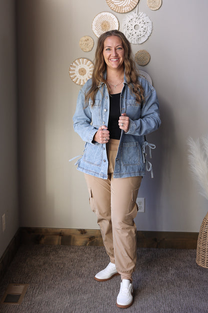 Multi Patch Pocket Side Tie Boyfriend Denim Jacket; S-2XL PLUS