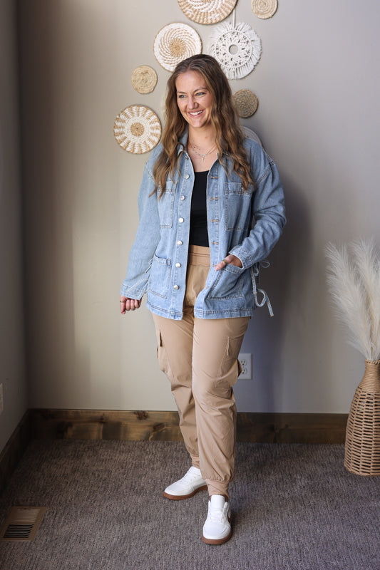 Multi Patch Pocket Side Tie Boyfriend Denim Jacket; S-2XL PLUS