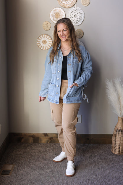 Multi Patch Pocket Side Tie Boyfriend Denim Jacket; S-2XL PLUS