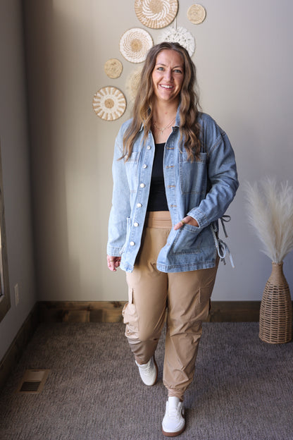 Multi Patch Pocket Side Tie Boyfriend Denim Jacket; S-2XL PLUS