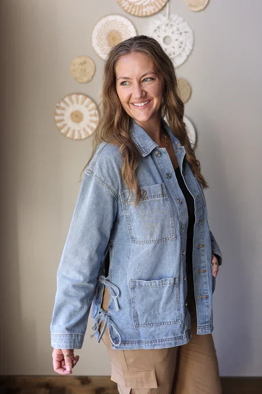 Boyfriend Denim Jacket with Patch Pockets & Side Tie – Casual Modest ...