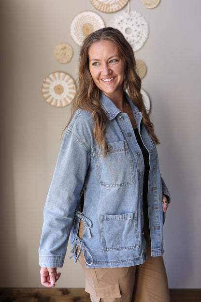 Multi Patch Pocket Side Tie Boyfriend Denim Jacket; S-2XL PLUS