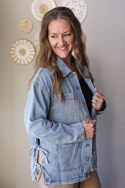 Multi Patch Pocket Side Tie Boyfriend Denim Jacket; S-2XL PLUS