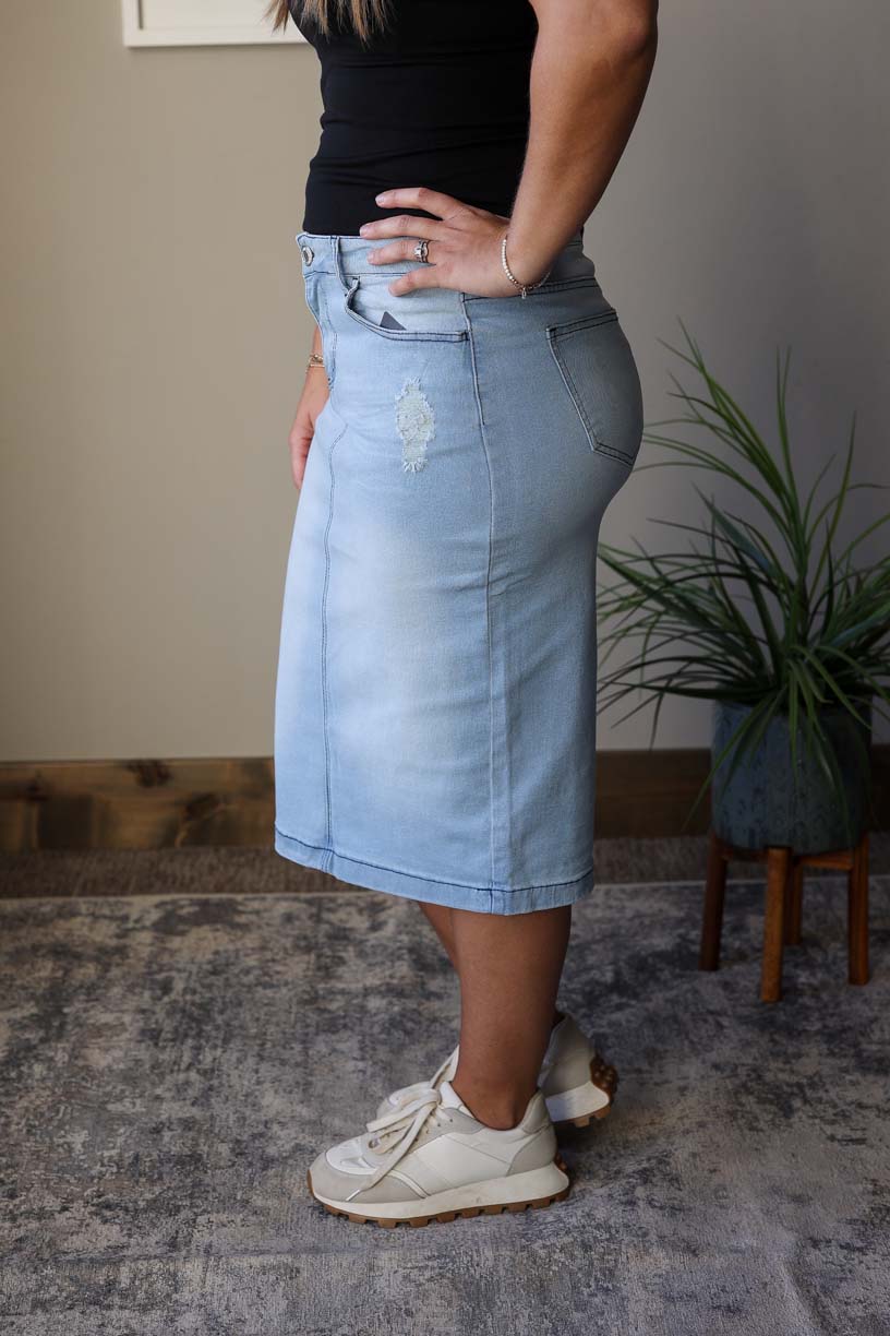 Abby Light Wash Distressed Denim Skirt