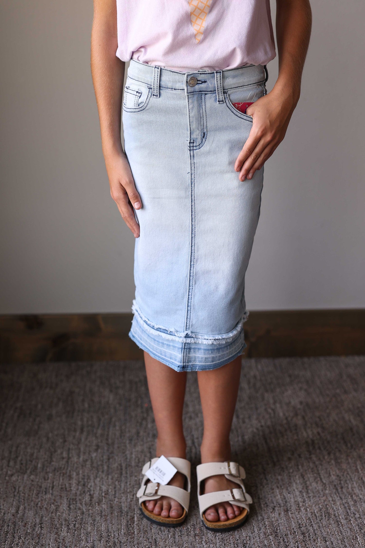 Our Girls' Light Wash Denim Skirt is cute, comfy, and made to move with her—perfect for everyday play and style at home or back to school outfits.