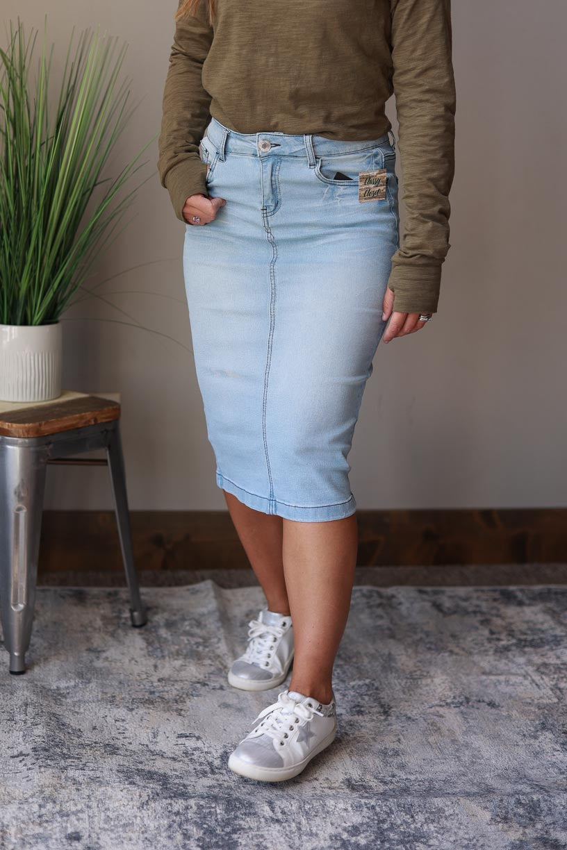 Light Wash Solid Midi Denim Skirt | Women's Modest Fashion  at Classy Closet Online Women's Clothing Boutique Near Me