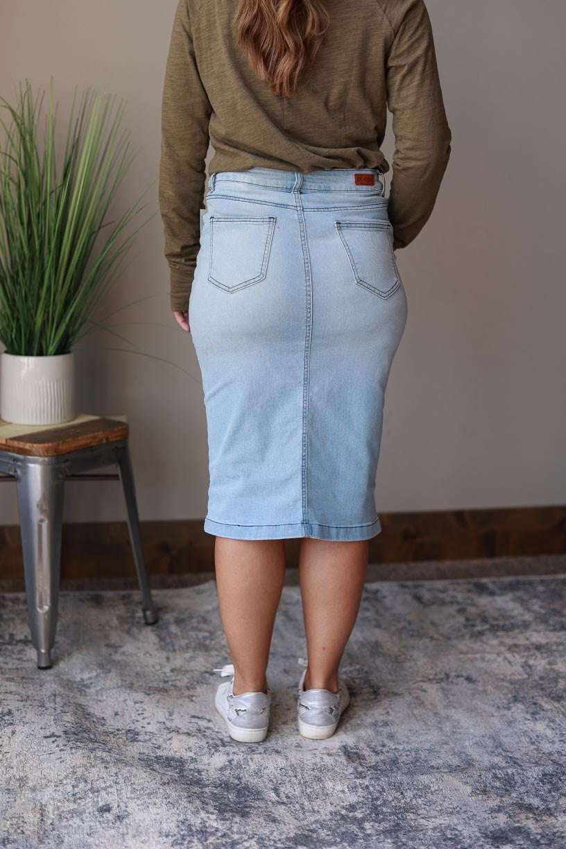 Light Wash Solid Midi Denim Skirt | Women's Modest Fashion  at Classy Closet Online Women's Clothing Boutique Near Me