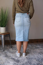 Light Wash Solid Midi Denim Skirt | Women's Modest Fashion  at Classy Closet Online Women's Clothing Boutique Near Me