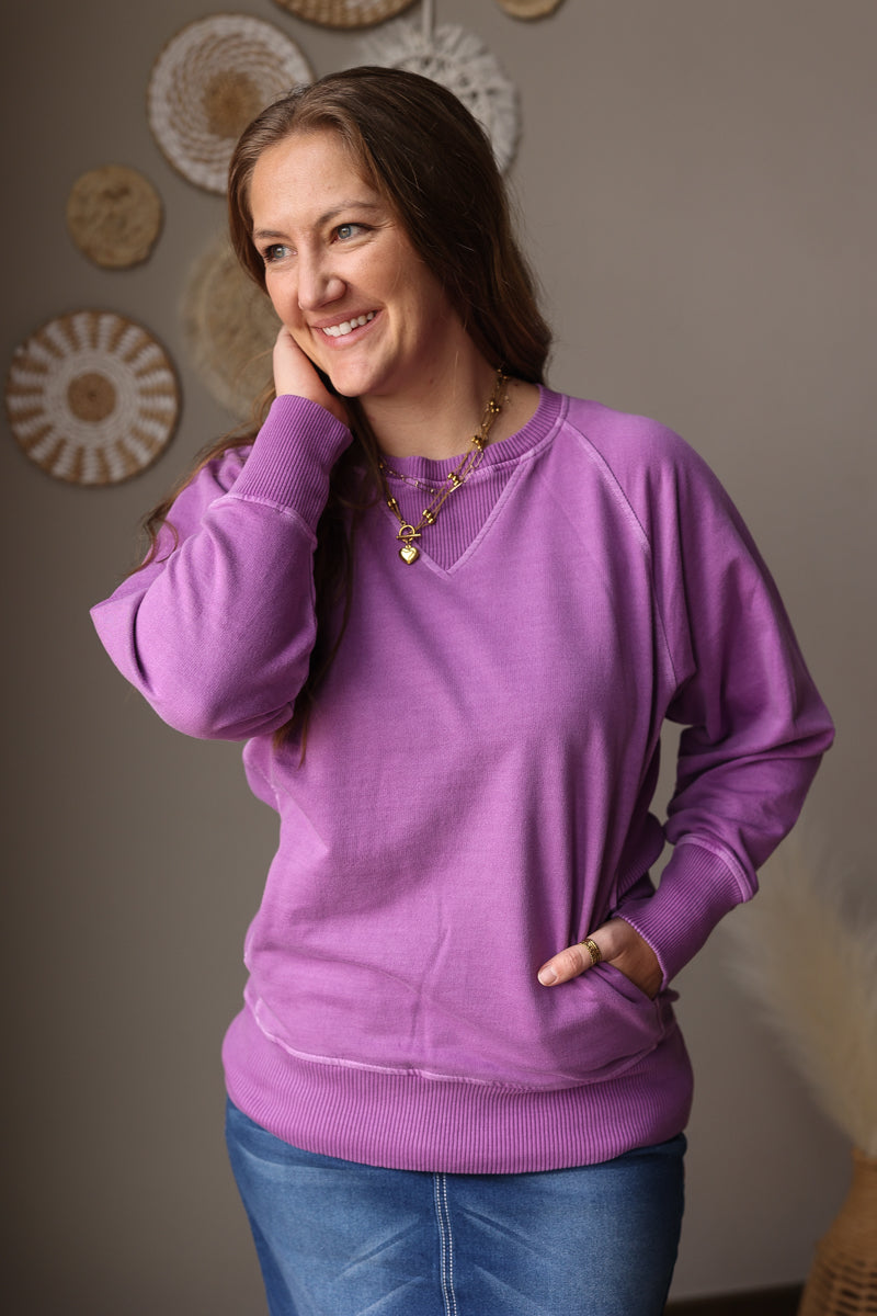 Light Plum Pigment Dyed French Terry Pullover With Pockets