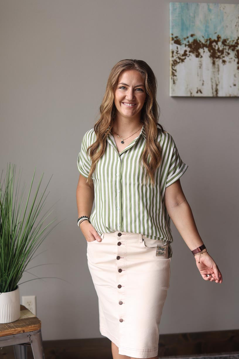 Green White Stripe Button Up Shirt | Casual Work Top Classy Closet Modest Women's Boutique Clothing