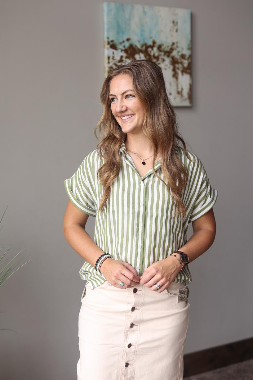 Green White Stripe Button Up Shirt | Casual Work Top Classy Closet Modest Women's Boutique Clothing