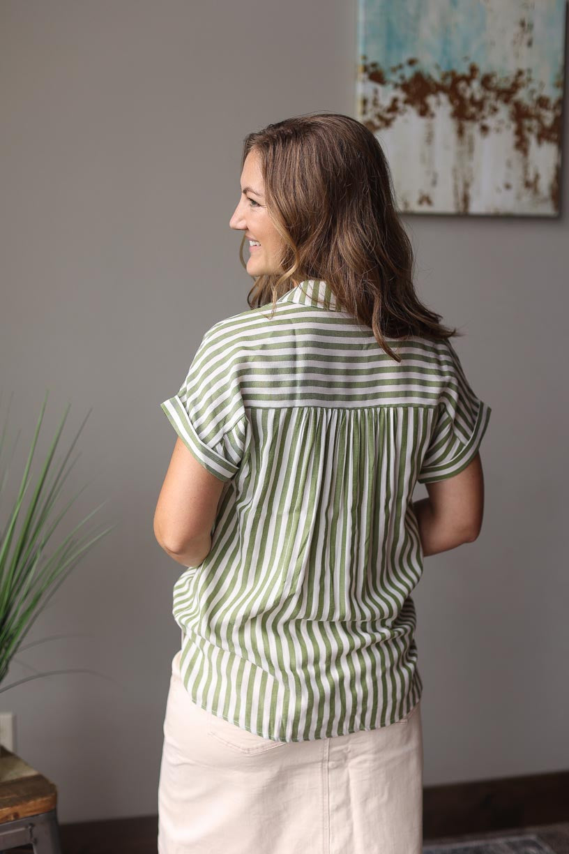 Green White Stripe Button Up Shirt | Casual Work Top Classy Closet Modest Women's Boutique Clothing