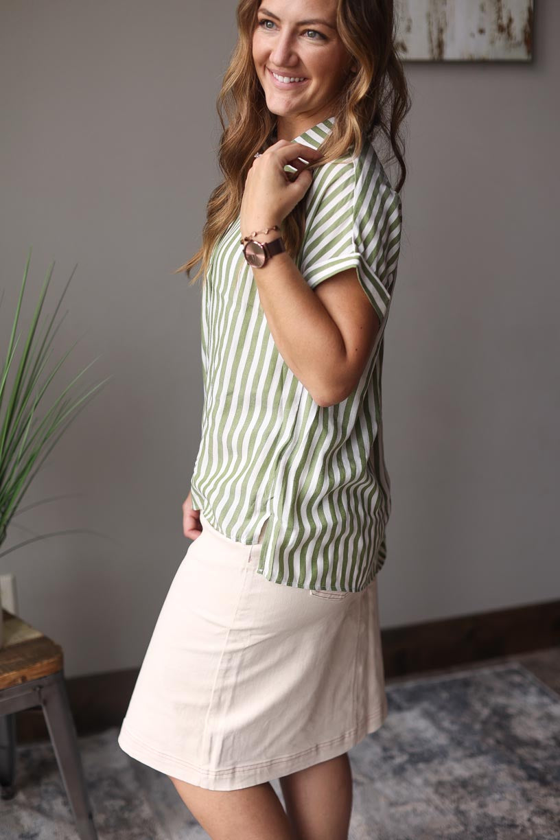 Green White Stripe Button Up Shirt | Casual Work Top Classy Closet Modest Women's Boutique Clothing