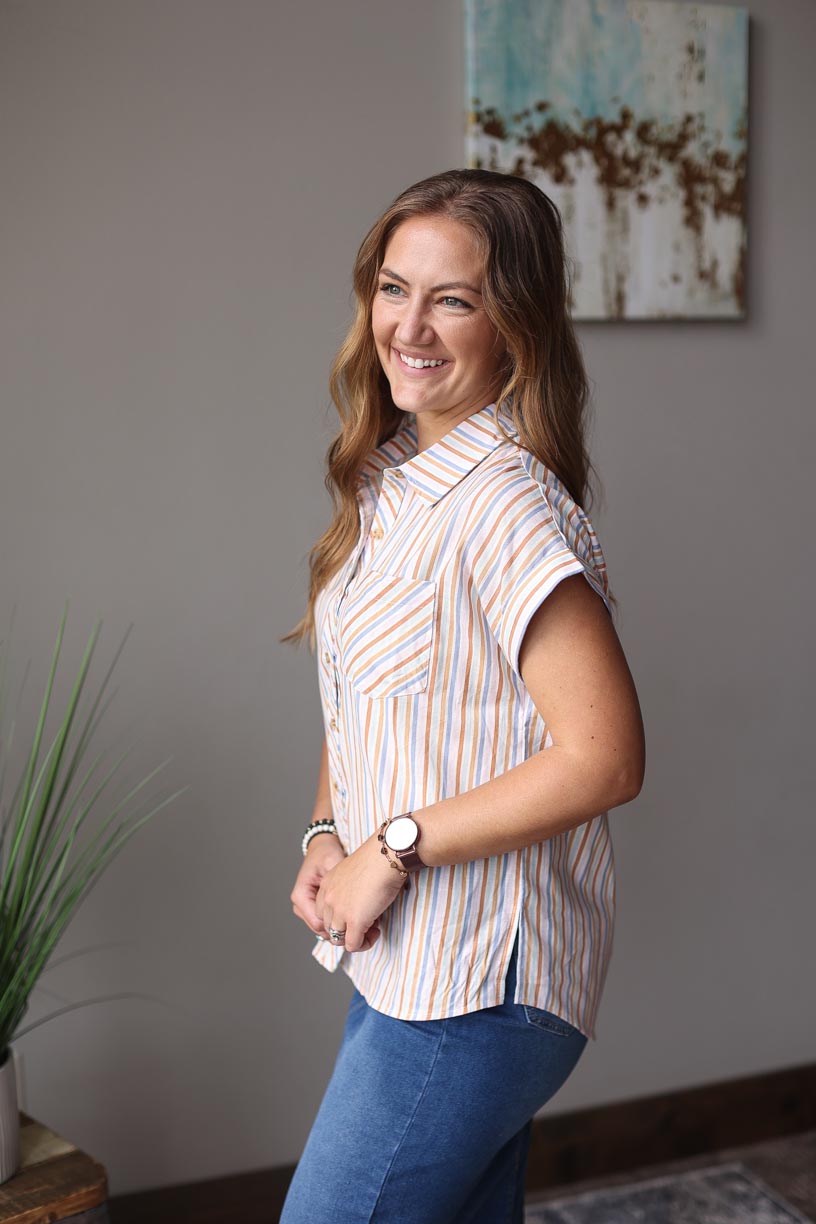 Multi Color Stripe Short Sleeve Button Up Top | Summer Chic Style Coastal Top Classy Closet Online Women's Boutique