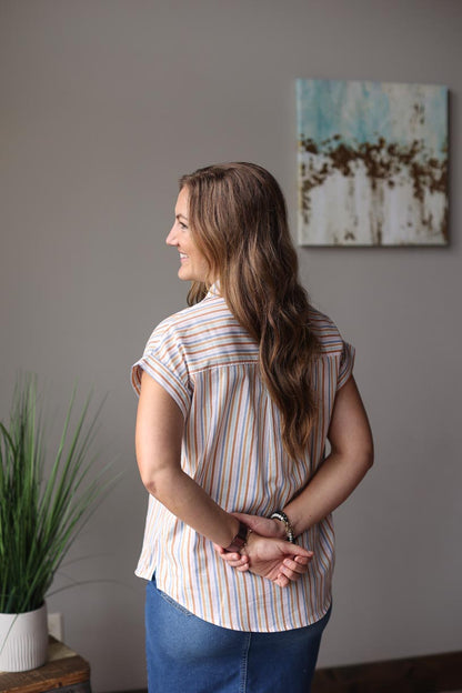 Multi Color Stripe Short Sleeve Button Up Top | Summer Chic Style Coastal Top Classy Closet Online Women's Boutique