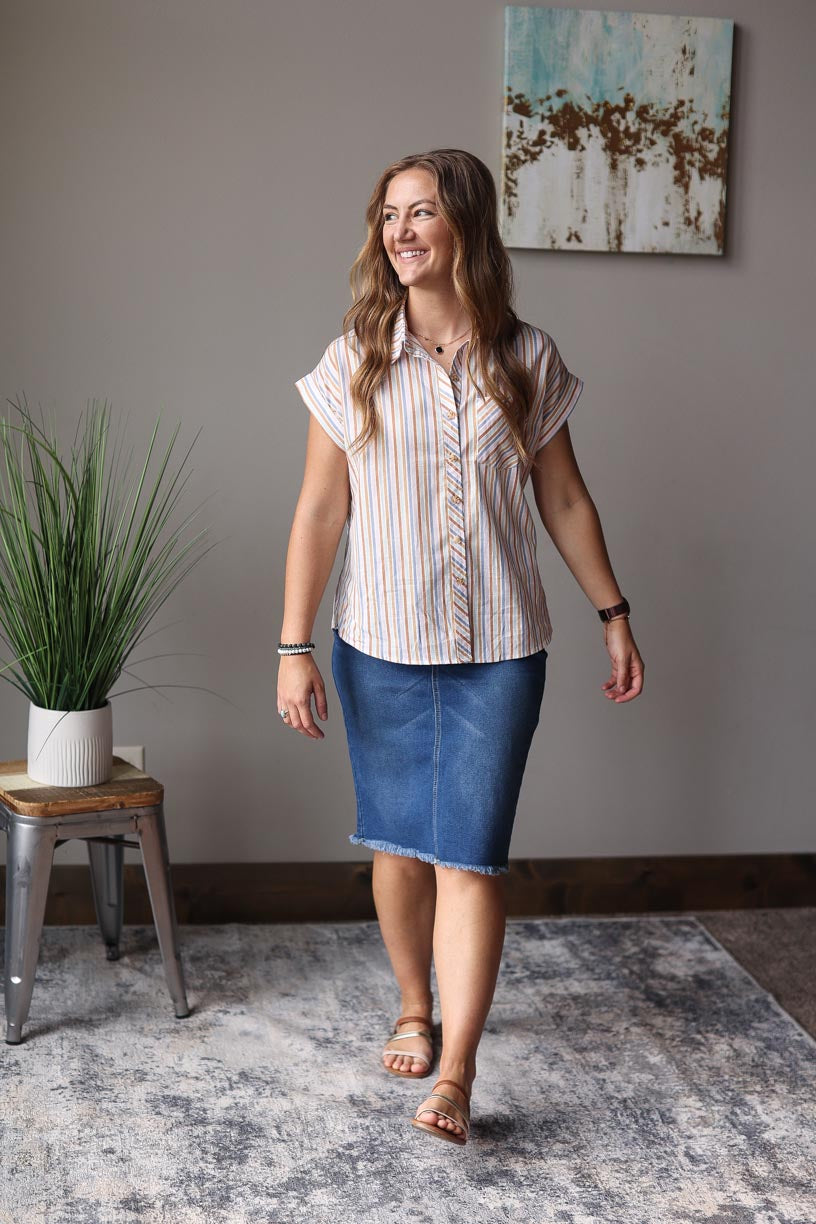 Multi Color Stripe Short Sleeve Button Up Top | Summer Chic Style Coastal Top Classy Closet Online Women's Boutique