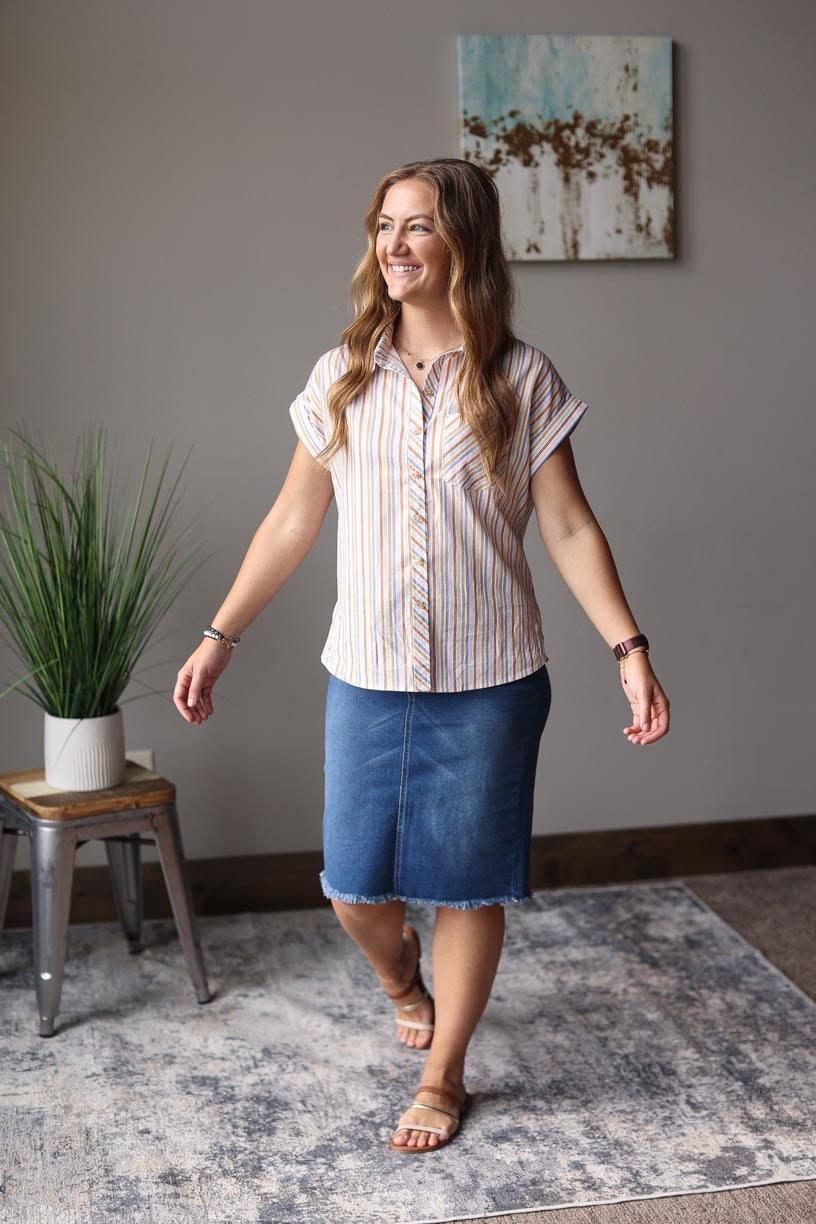 Multi Color Stripe Short Sleeve Button Up Top | Summer Chic Style Coastal Top Classy Closet Online Women's Boutique