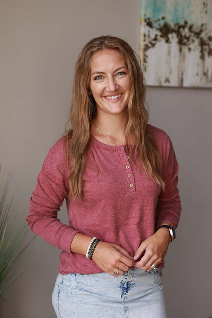 Our Dark Mauve Henley Top is perfect for everyday wear. Made for comfort, it features a henley neckline and stretchy, soft fabric. Available in sizes S-2XL PLUS, this top is an essential for your wardrobe. Classy Closet Women's Modest Fashion Boutique