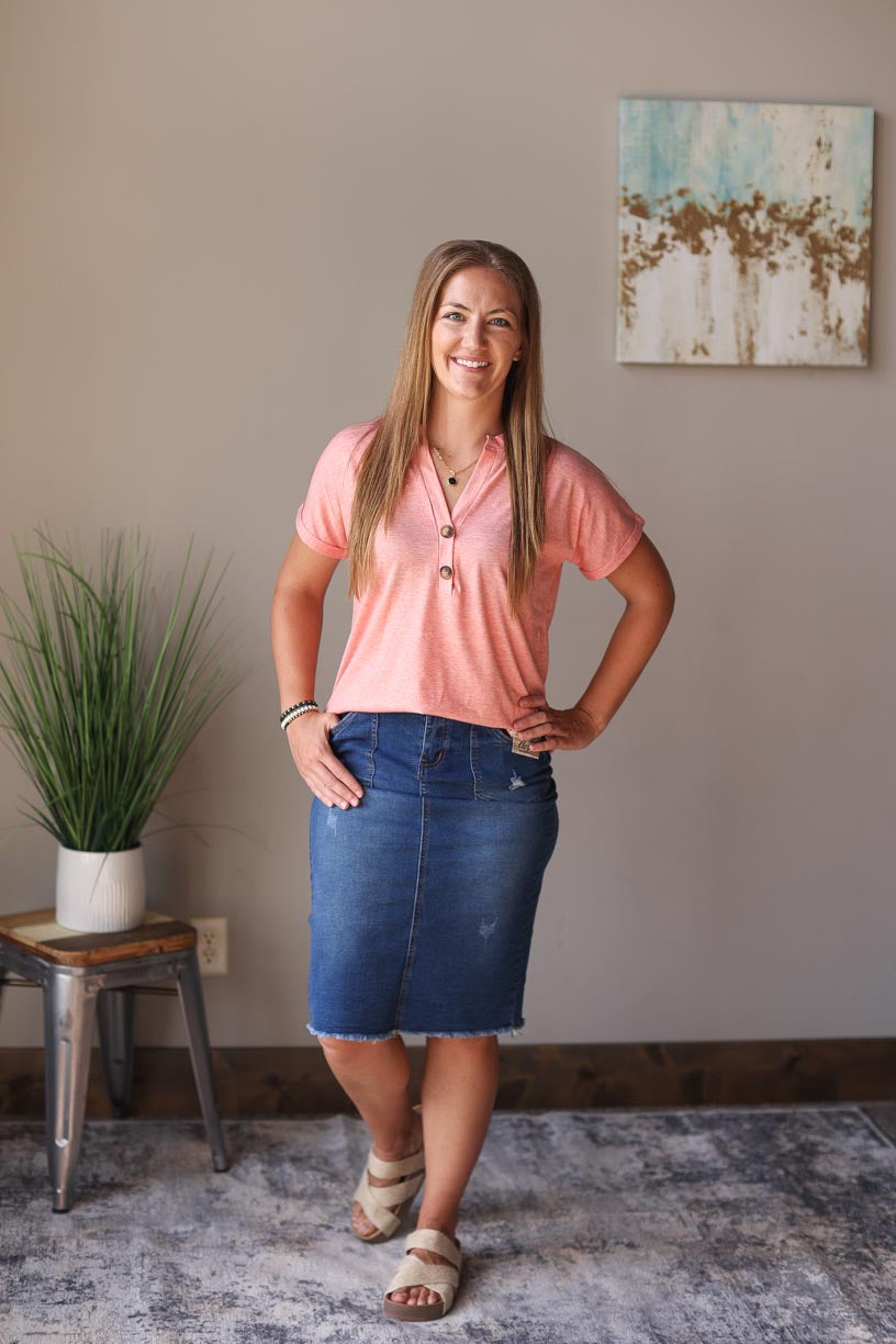 Heathered coral v-neck rolled short sleeve top with button details, perfect for cute, comfy, casual summer style at Classy Closet, a women's online modest clothing boutique.