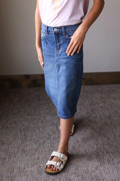 Girls Medium Wash Midi Denim Skirt with Adjustable Waist