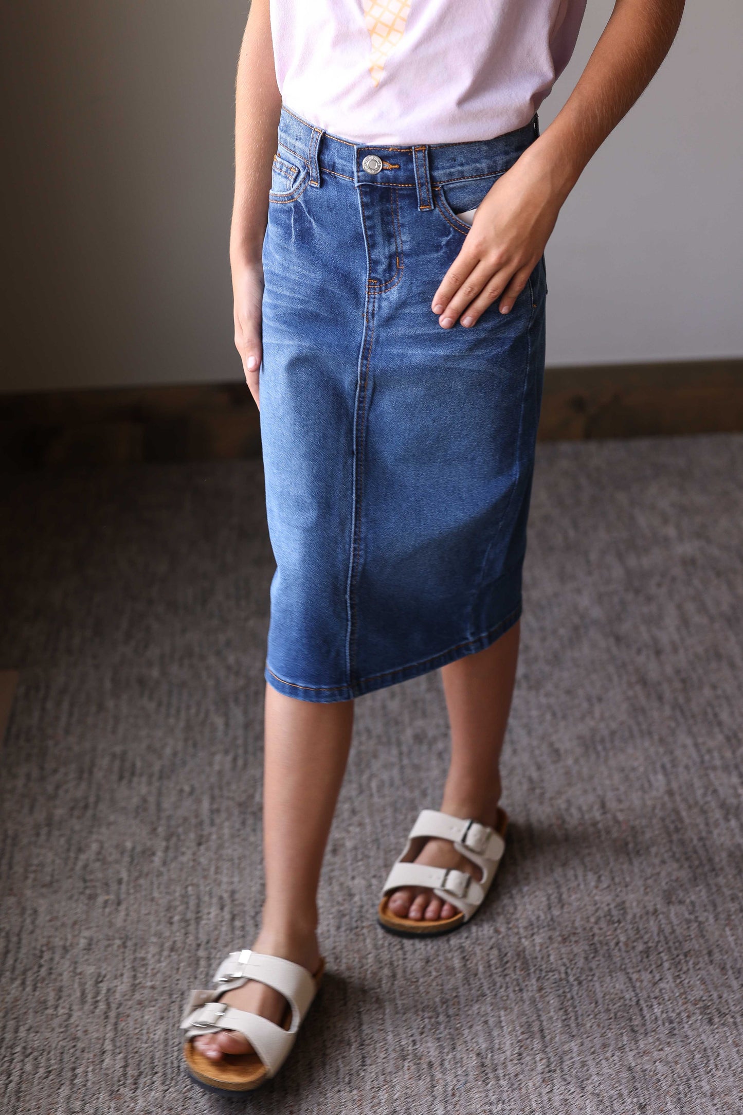 Girls Medium Wash Midi Denim Skirt with Adjustable Waist