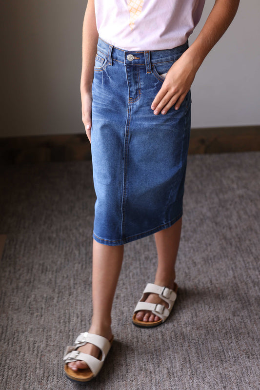 Girls Medium Wash Midi Denim Skirt with Adjustable Waist