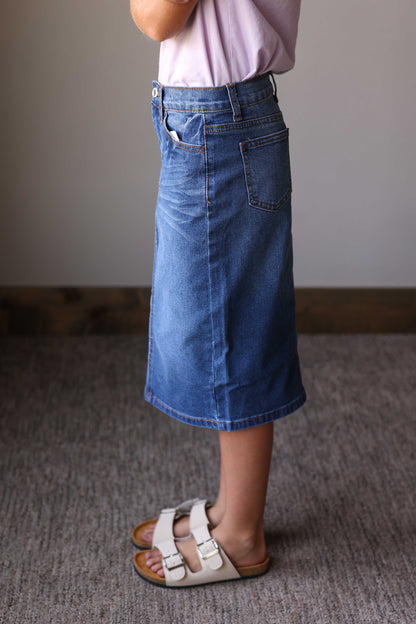 Girls Medium Wash Midi Denim Skirt with Adjustable Waist