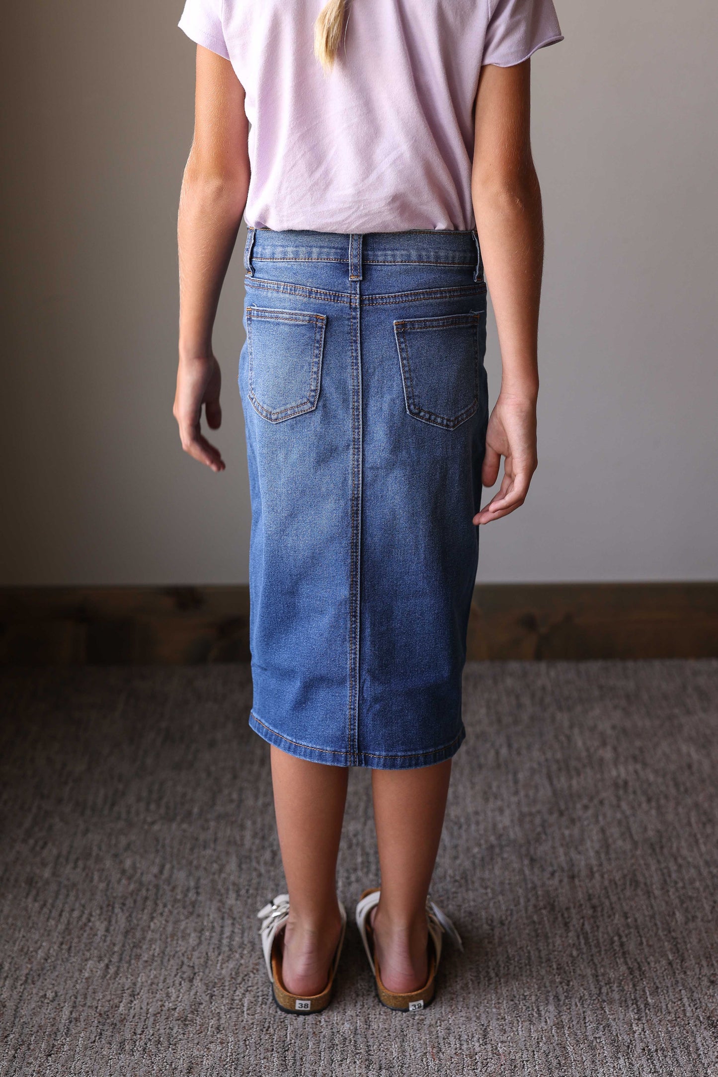 Girls Medium Wash Midi Denim Skirt with Adjustable Waist