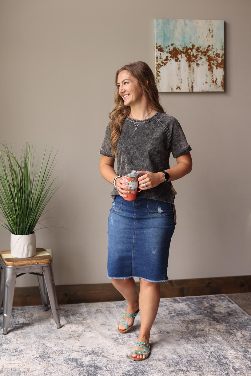 Ash Black French Terry Acid Wash Short Sleeve Top Casual Summer Top for Modest Women's Fashion at Classy Closet Online Boutique
