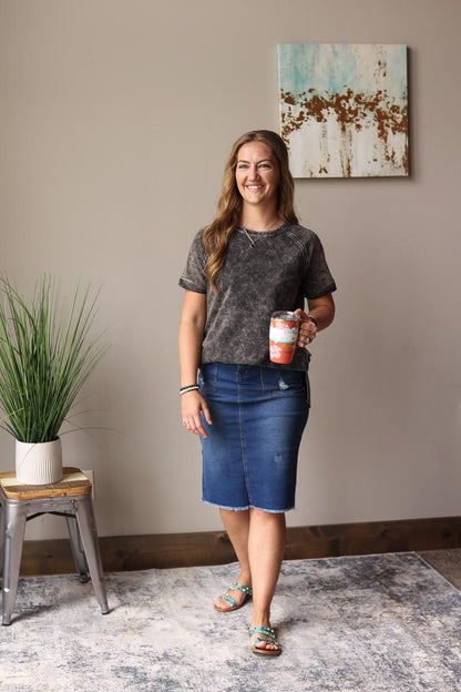 Ash Black French Terry Acid Wash Short Sleeve Top Casual Summer Top for Modest Women's Fashion at Classy Closet Online Boutique